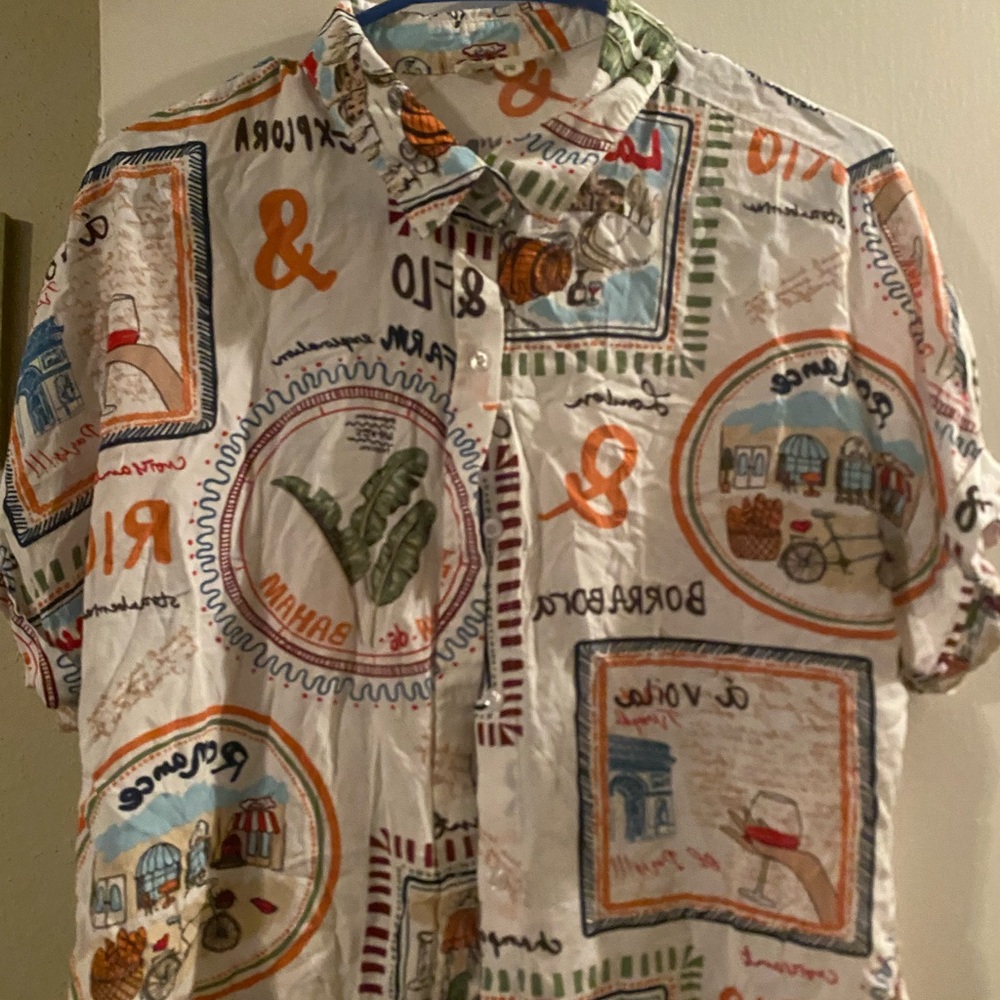 Men's Short-Sleeve Button-Down Shirt - White with Multicolor Graphic Print